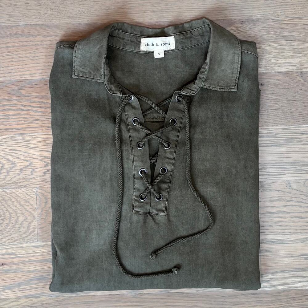 Evereve Cloth & Stone Lace Up Top Tencel Blouse Olive Green Womens Size Small - Picture 6 of 10